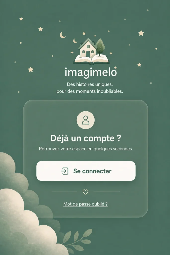 Illustration douce de la page de connexion Imagimelo permettant aux utilisateurs ayant déjà un compte d’accéder à leur espace client.