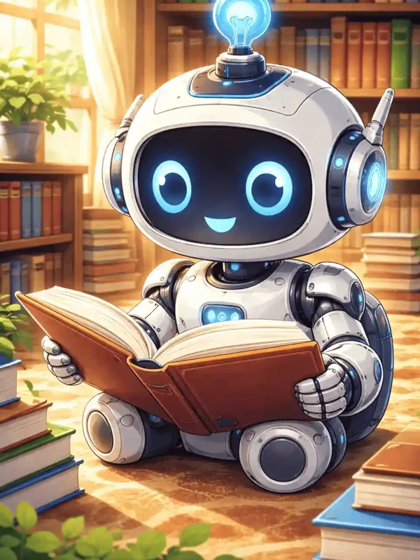 Robot amical lisant un livre dans une bibliothèque pour un univers d’histoire personnalisée enfant futuriste.