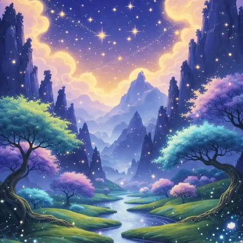 Univers féerique pour histoire personnalisée enfant avec vallée enchantée, montagnes, rivière et ciel étoilé.