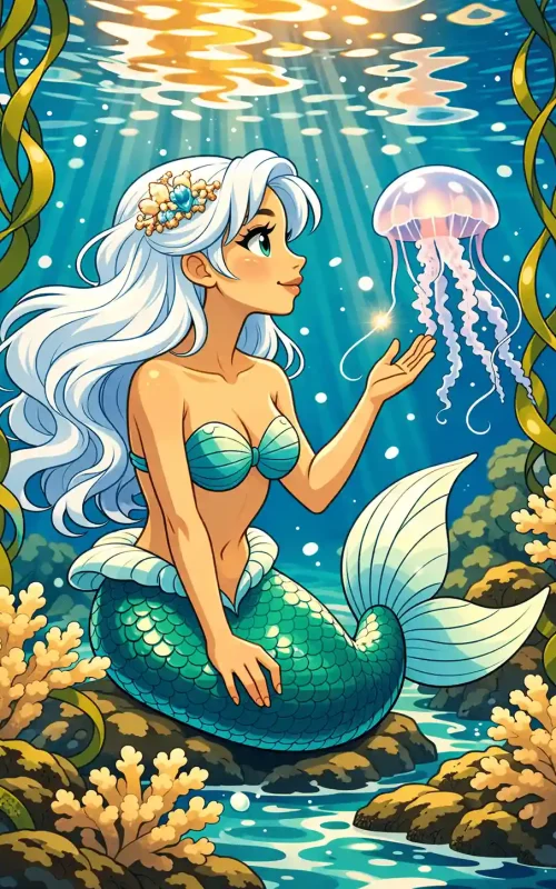 Sirène dans un univers sous-marin observant une méduse pour une histoire personnalisée enfant sur l’océan.