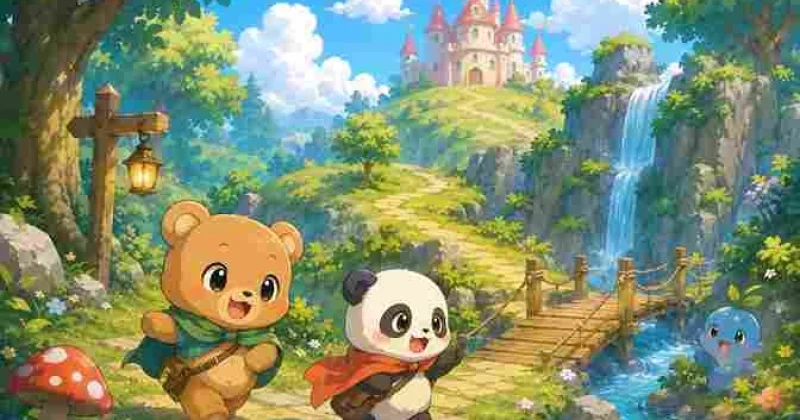 Illustration d’aventure pour enfants avec petit ours et panda explorant un chemin magique vers un château féerique au bord d’une cascade.