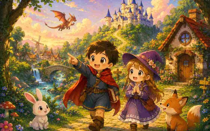 Illustration de conte pour enfants de 4 à 5 ans avec château enchanté, forêt magique et personnages imaginaires dans un univers féerique.
