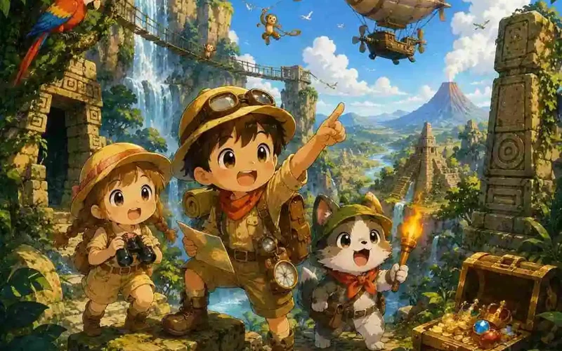Illustration d’aventure pour enfants de 4 à 5 ans avec petits explorateurs découvrant un monde magique et coloré.