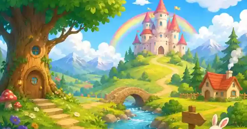 Illustration féerique pour enfants de 1 à 2 ans avec château magique, rivière, arbre enchanté et petit lapin dans un paysage coloré.